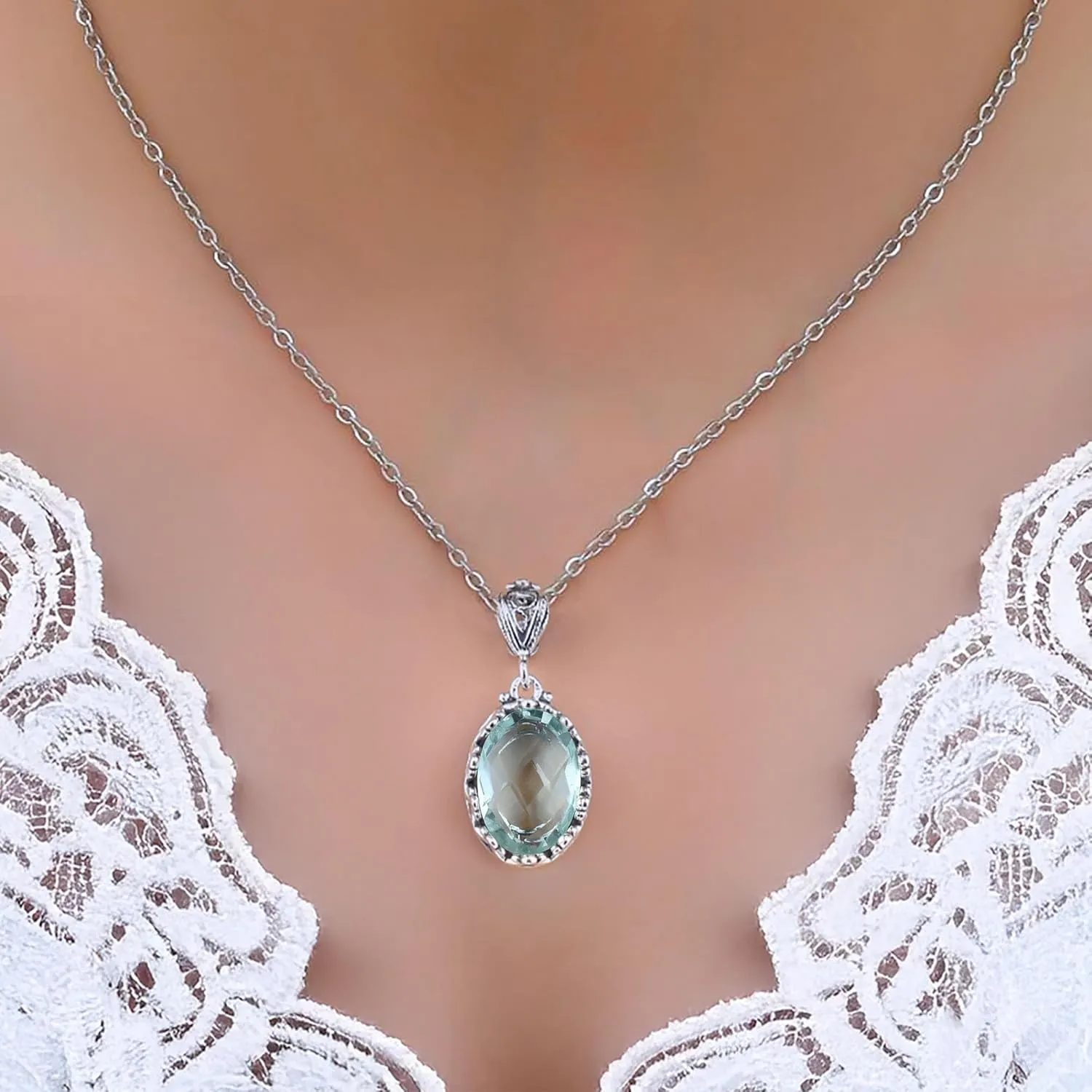 925 Sterling Silver Handcrafted Filigree Art Crown Design Gemstone Woman Pendant Necklace