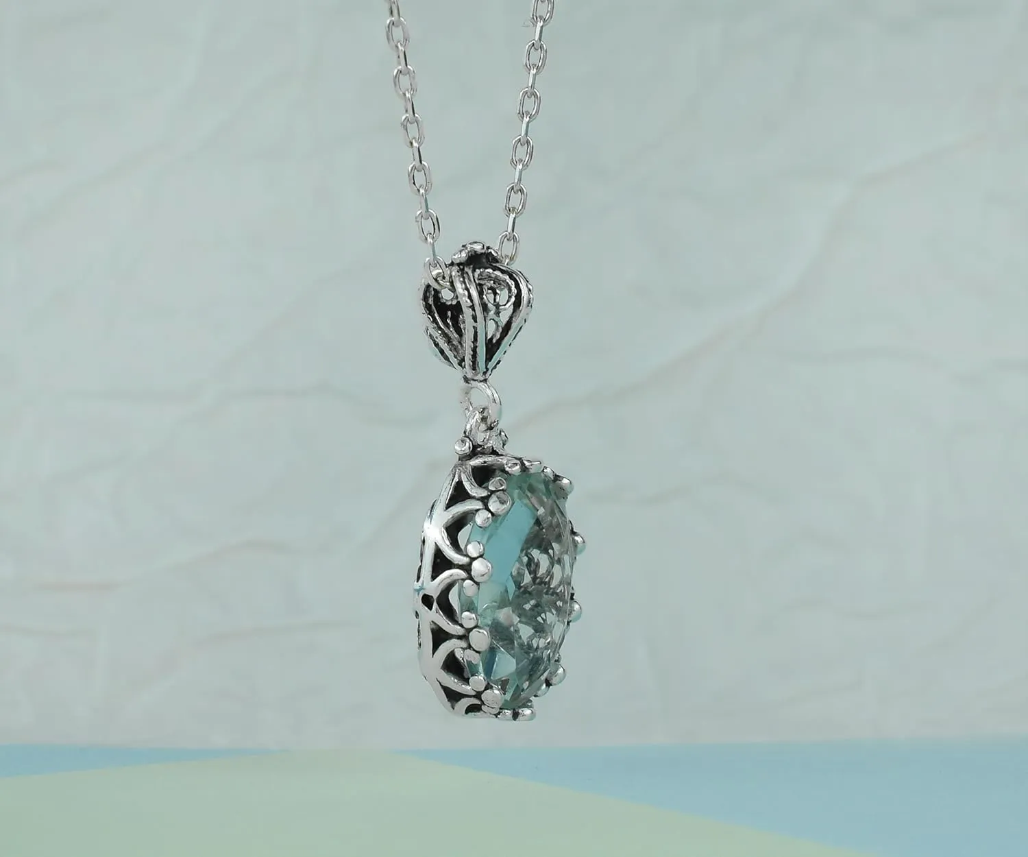 925 Sterling Silver Handcrafted Filigree Art Crown Design Gemstone Woman Pendant Necklace