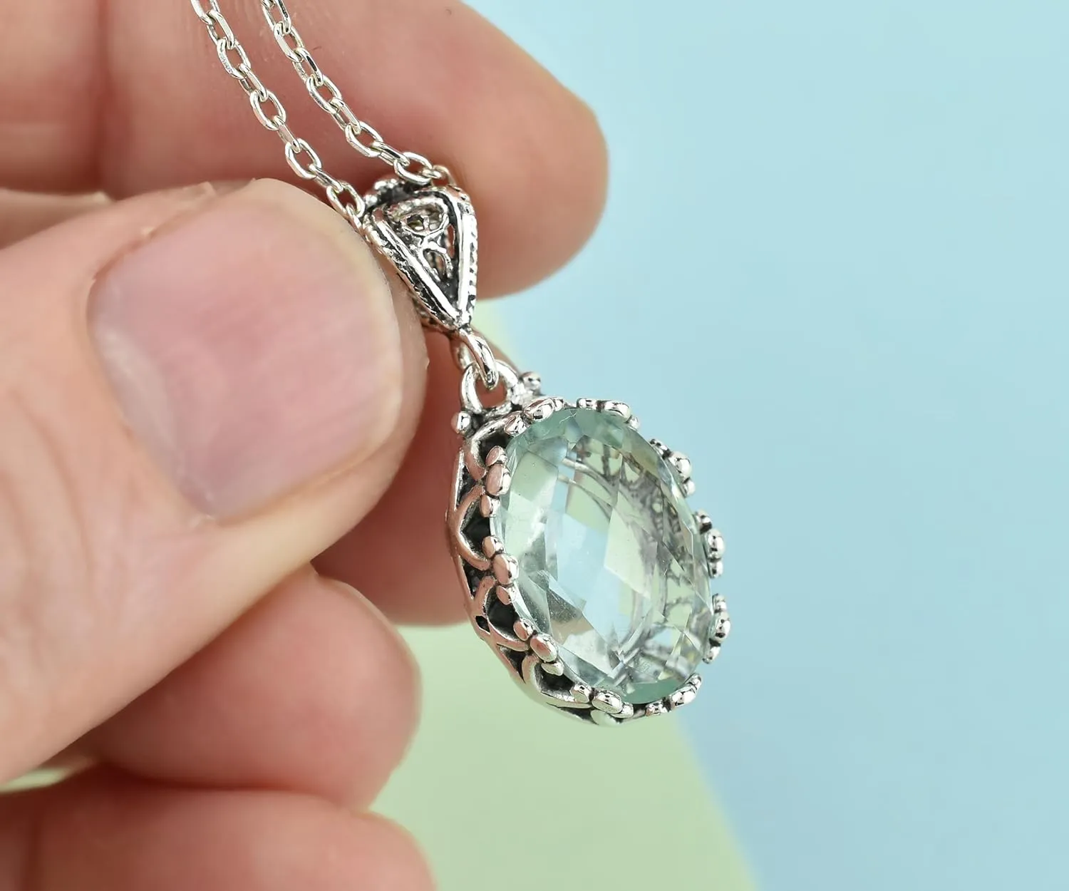 925 Sterling Silver Handcrafted Filigree Art Crown Design Gemstone Woman Pendant Necklace