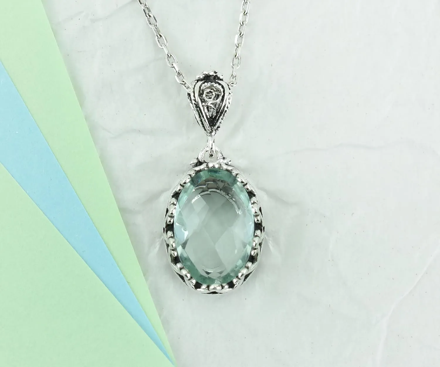 925 Sterling Silver Handcrafted Filigree Art Crown Design Gemstone Woman Pendant Necklace