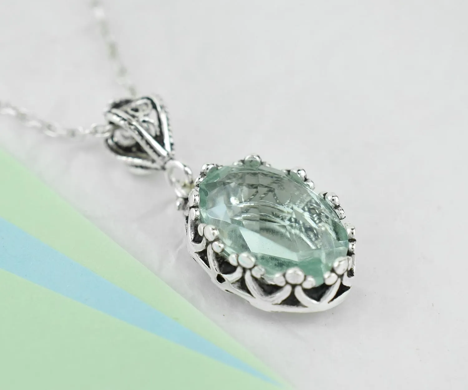 925 Sterling Silver Handcrafted Filigree Art Crown Design Gemstone Woman Pendant Necklace