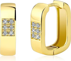 925 Sterling Silver Hoop Earrings for Women Trendy Cubic Zirconia Small Chunky 14K Gold Plated Earrings Minimalist U Shape Geometric Rectangle Hypoallergenic Lightweight Square Hoops Earring