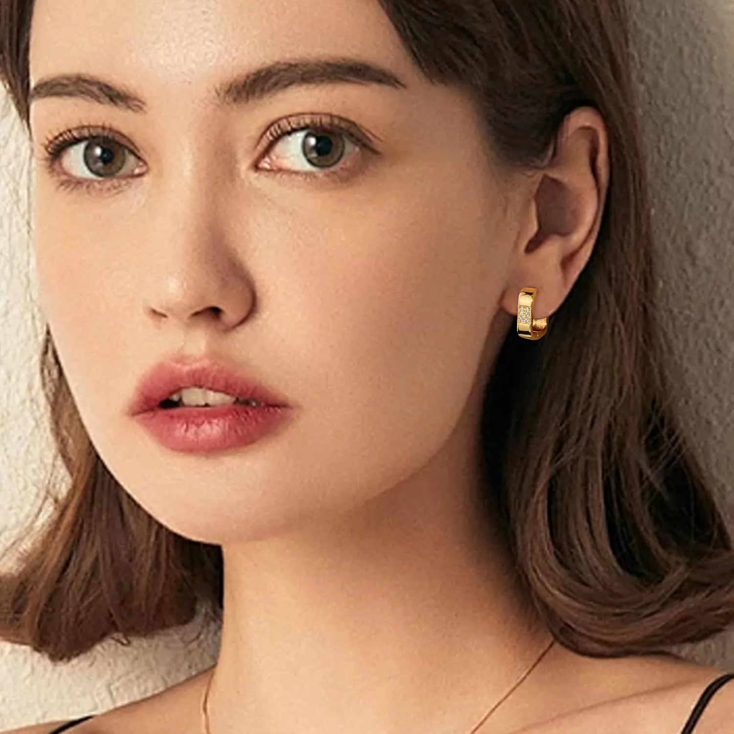 925 Sterling Silver Hoop Earrings for Women Trendy Cubic Zirconia Small Chunky 14K Gold Plated Earrings Minimalist U Shape Geometric Rectangle Hypoallergenic Lightweight Square Hoops Earring