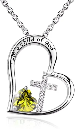 925 Sterling Silver I Am a Child of God Cross Pendant Necklaces for Women, Cross Necklace for Girls, Heart Necklace with Birthstone Christian Jewelry Baptism Gifts for Girls