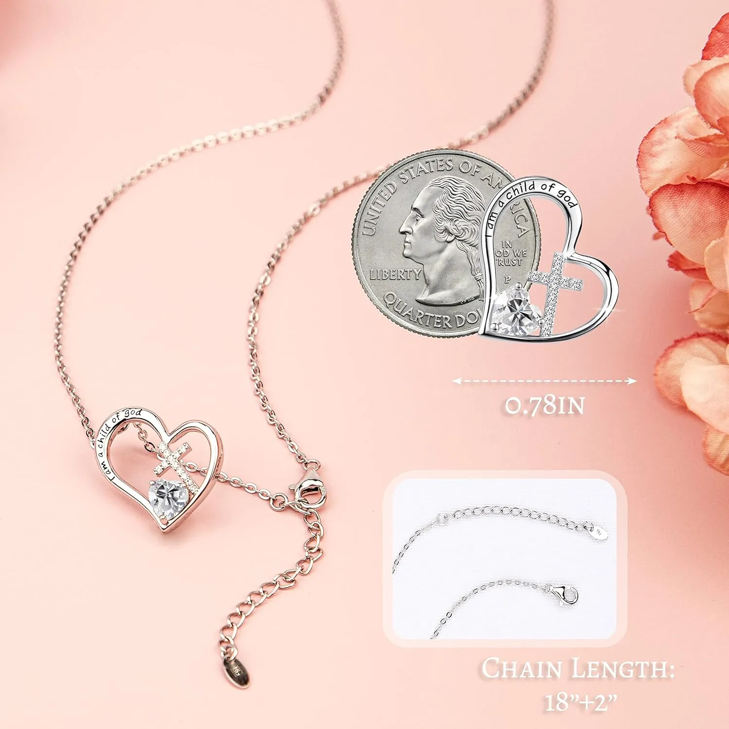 925 Sterling Silver I Am a Child of God Cross Pendant Necklaces for Women, Cross Necklace for Girls, Heart Necklace with Birthstone Christian Jewelry Baptism Gifts for Girls