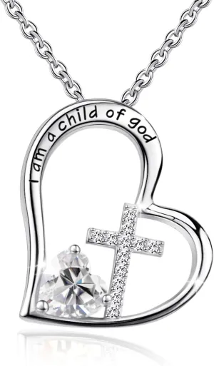 925 Sterling Silver I Am a Child of God Cross Pendant Necklaces for Women, Cross Necklace for Girls, Heart Necklace with Birthstone Christian Jewelry Baptism Gifts for Girls