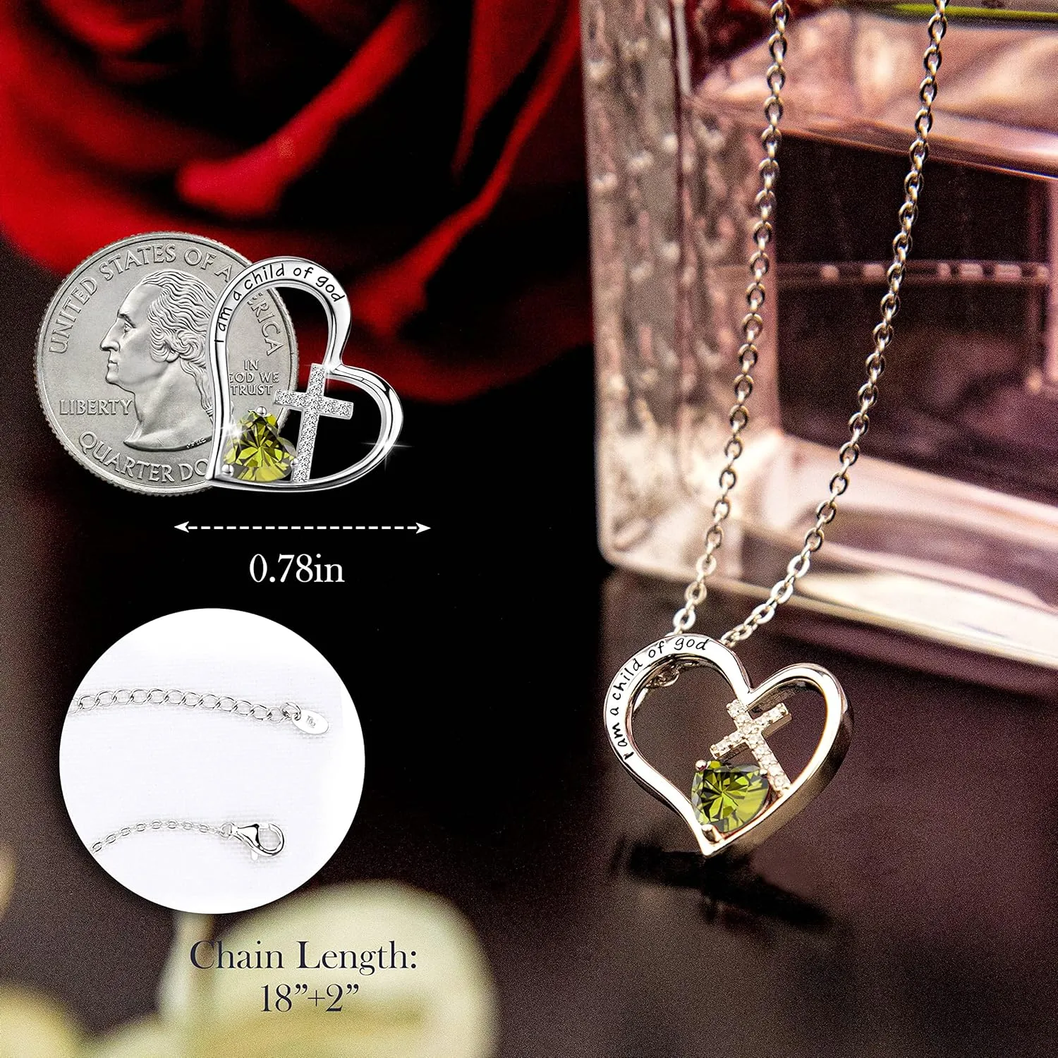 925 Sterling Silver I Am a Child of God Cross Pendant Necklaces for Women, Cross Necklace for Girls, Heart Necklace with Birthstone Christian Jewelry Baptism Gifts for Girls