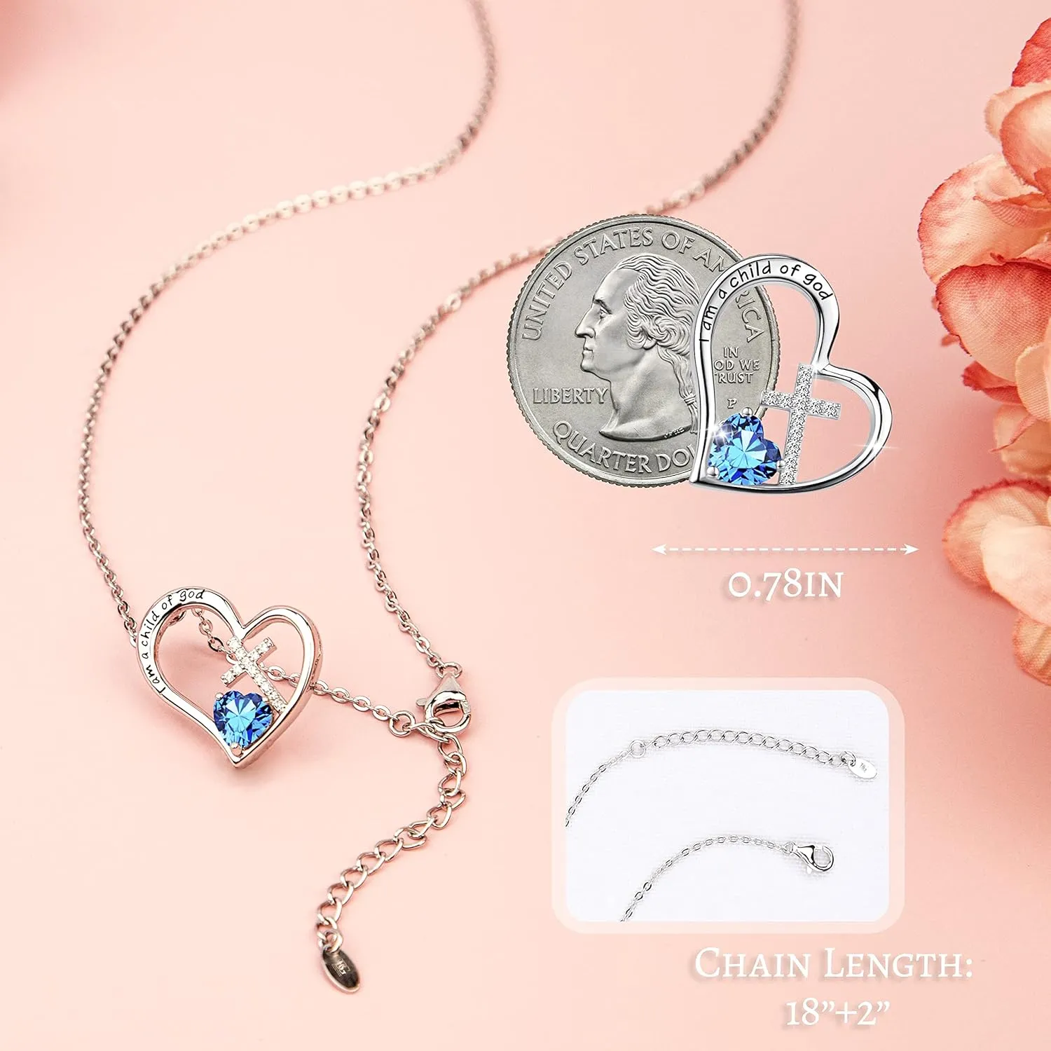925 Sterling Silver I Am a Child of God Cross Pendant Necklaces for Women, Cross Necklace for Girls, Heart Necklace with Birthstone Christian Jewelry Baptism Gifts for Girls
