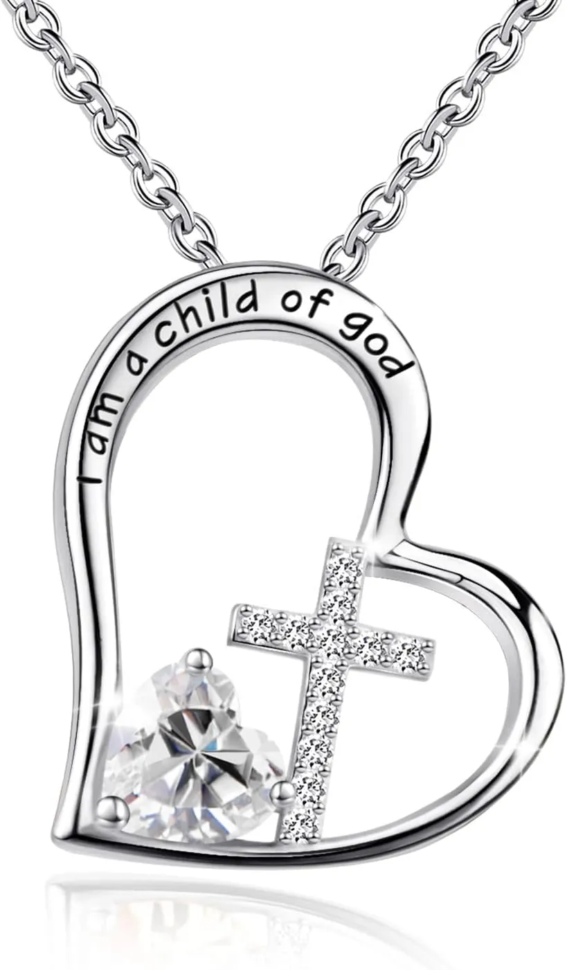 925 Sterling Silver I Am a Child of God Cross Pendant Necklaces for Women, Cross Necklace for Girls, Heart Necklace with Birthstone Christian Jewelry Baptism Gifts for Girls