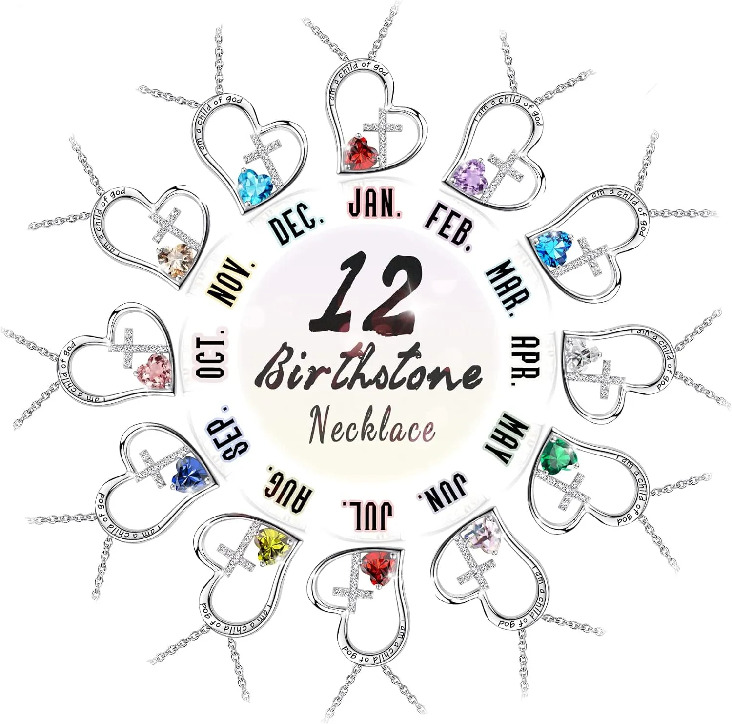 925 Sterling Silver I Am a Child of God Cross Pendant Necklaces for Women, Cross Necklace for Girls, Heart Necklace with Birthstone Christian Jewelry Baptism Gifts for Girls