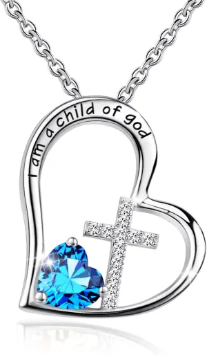 925 Sterling Silver I Am a Child of God Cross Pendant Necklaces for Women, Cross Necklace for Girls, Heart Necklace with Birthstone Christian Jewelry Baptism Gifts for Girls
