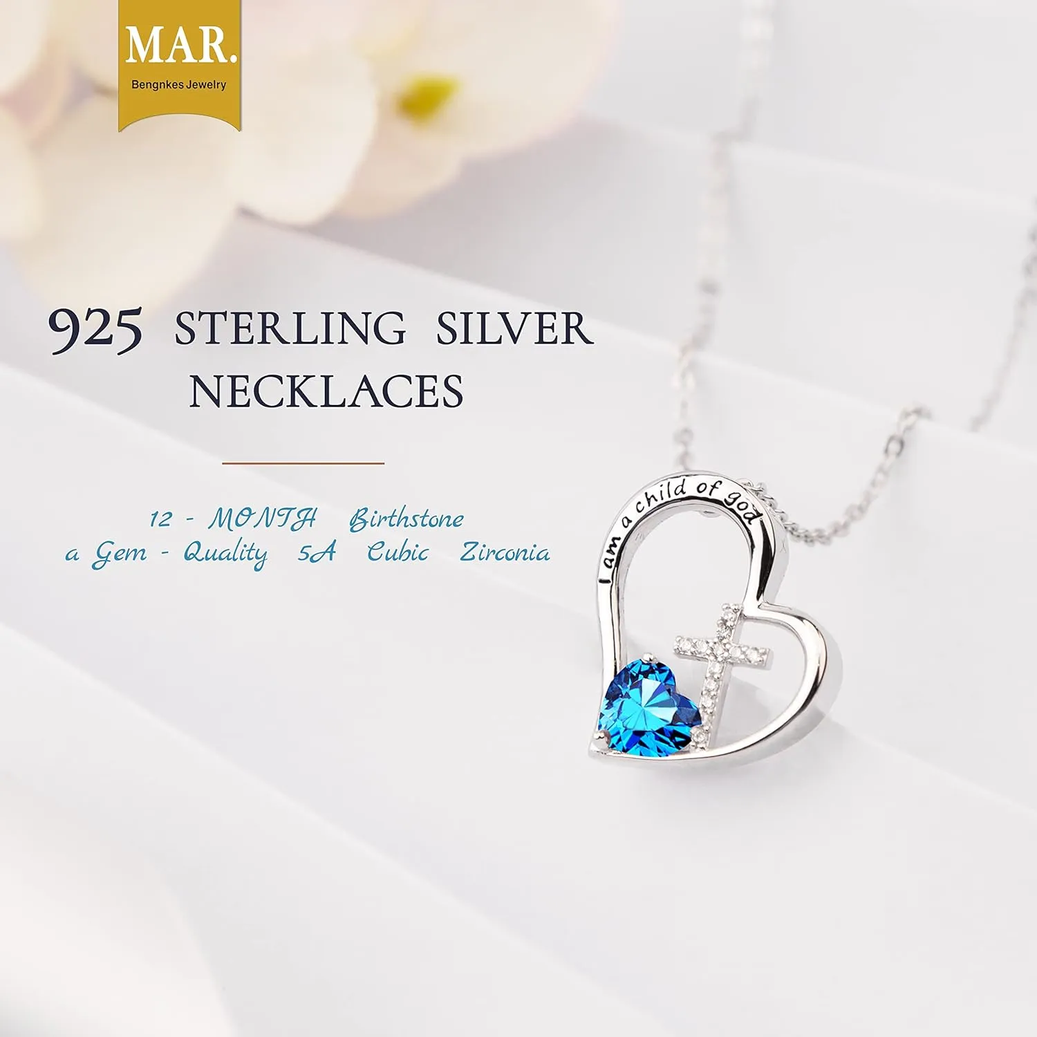 925 Sterling Silver I Am a Child of God Cross Pendant Necklaces for Women, Cross Necklace for Girls, Heart Necklace with Birthstone Christian Jewelry Baptism Gifts for Girls