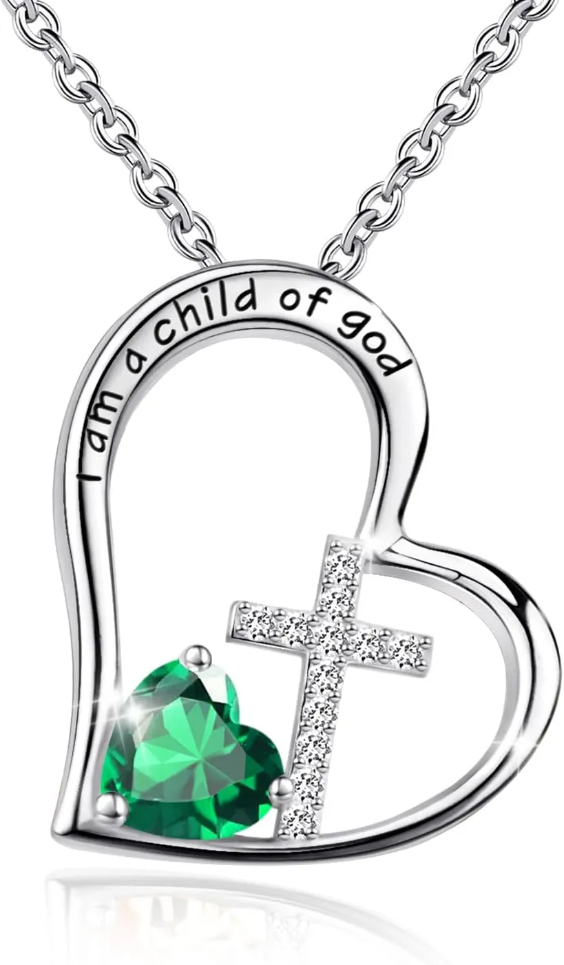 925 Sterling Silver I Am a Child of God Cross Pendant Necklaces for Women, Cross Necklace for Girls, Heart Necklace with Birthstone Christian Jewelry Baptism Gifts for Girls