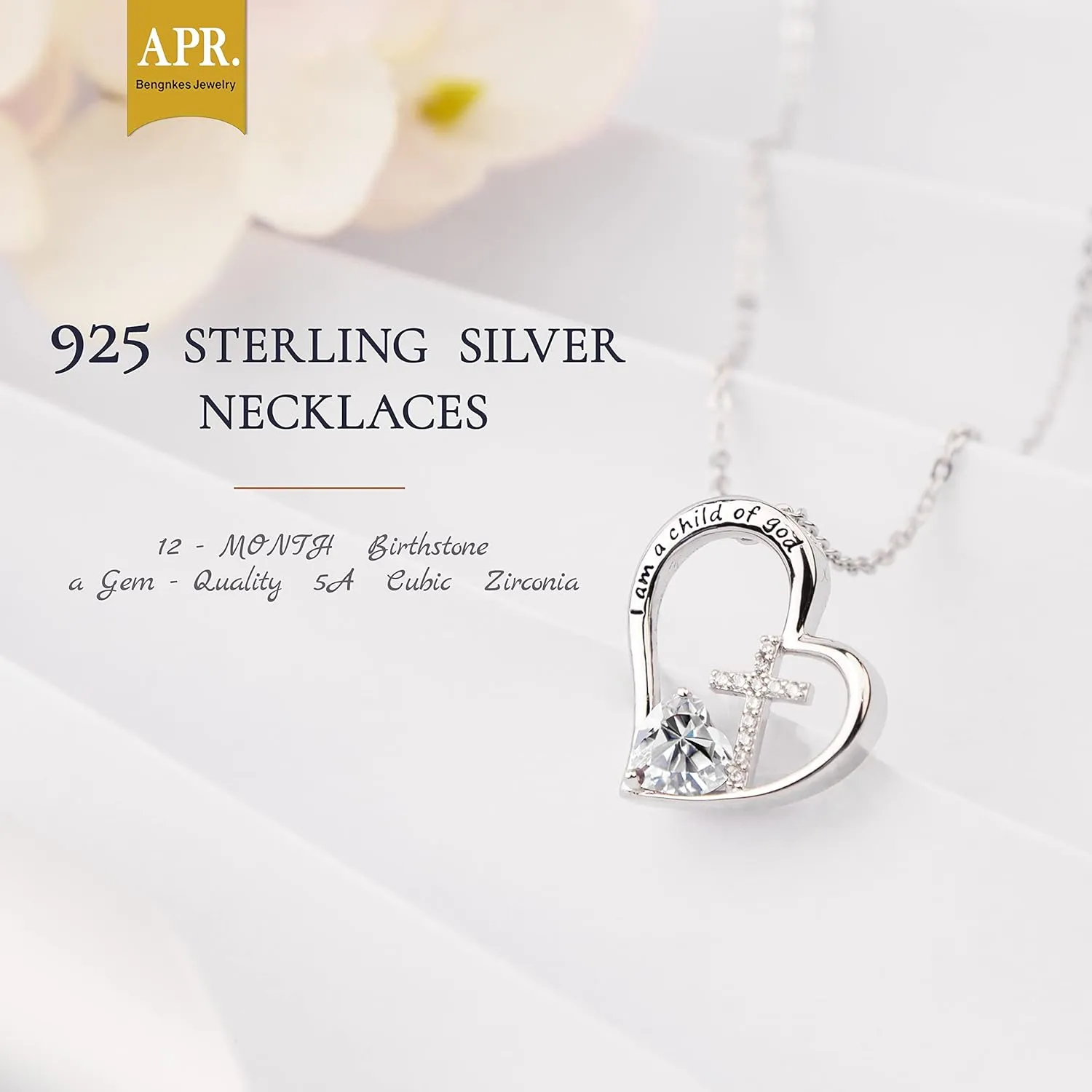 925 Sterling Silver I Am a Child of God Cross Pendant Necklaces for Women, Cross Necklace for Girls, Heart Necklace with Birthstone Christian Jewelry Baptism Gifts for Girls