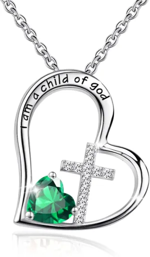925 Sterling Silver I Am a Child of God Cross Pendant Necklaces for Women, Cross Necklace for Girls, Heart Necklace with Birthstone Christian Jewelry Baptism Gifts for Girls