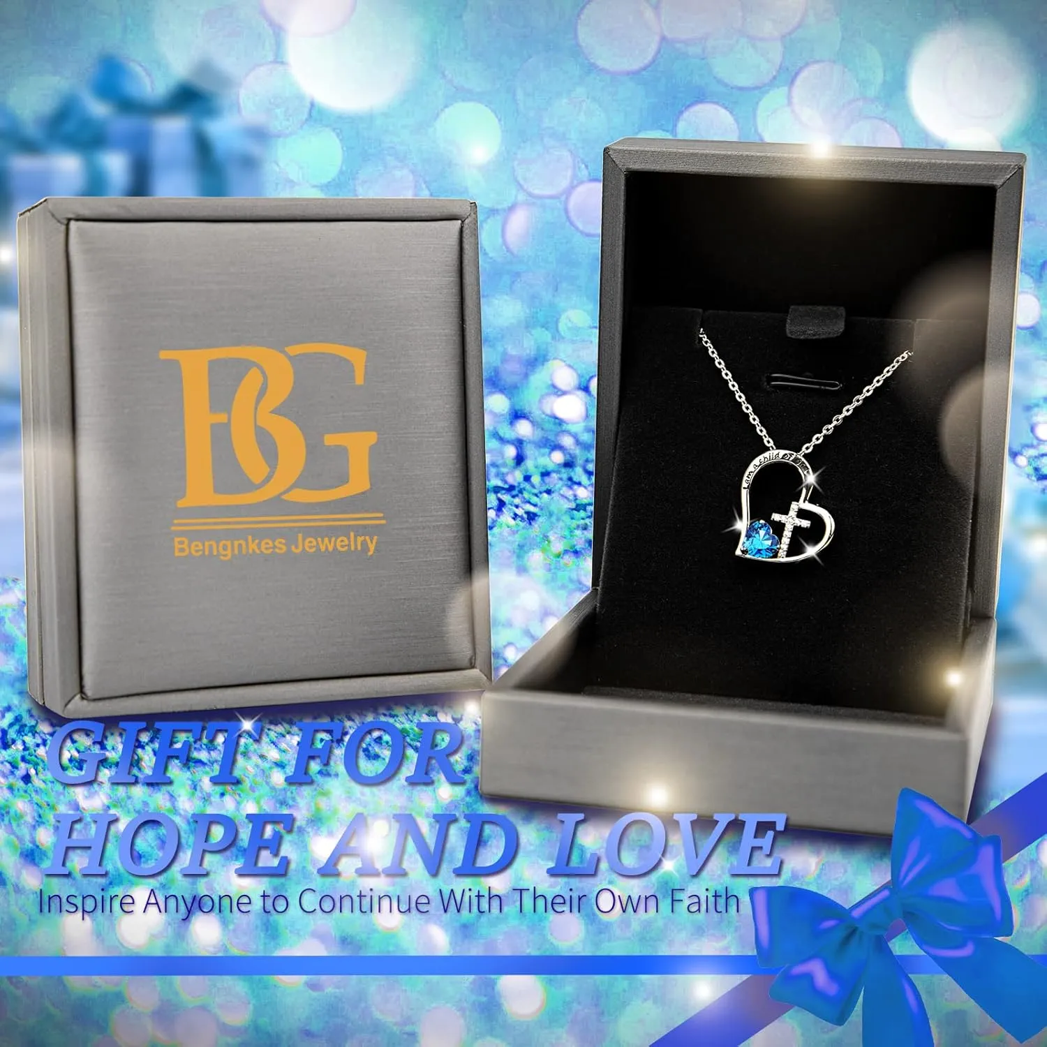 925 Sterling Silver I Am a Child of God Cross Pendant Necklaces for Women, Cross Necklace for Girls, Heart Necklace with Birthstone Christian Jewelry Baptism Gifts for Girls