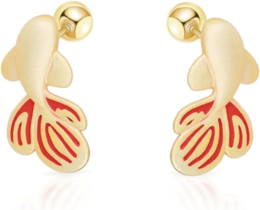 925 Sterling Silver Koi Fish Stud Earrings, Red Enamel Tail,Screw Back