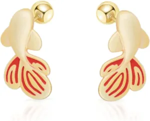 925 Sterling Silver Koi Fish Stud Earrings, Red Enamel Tail,Screw Back