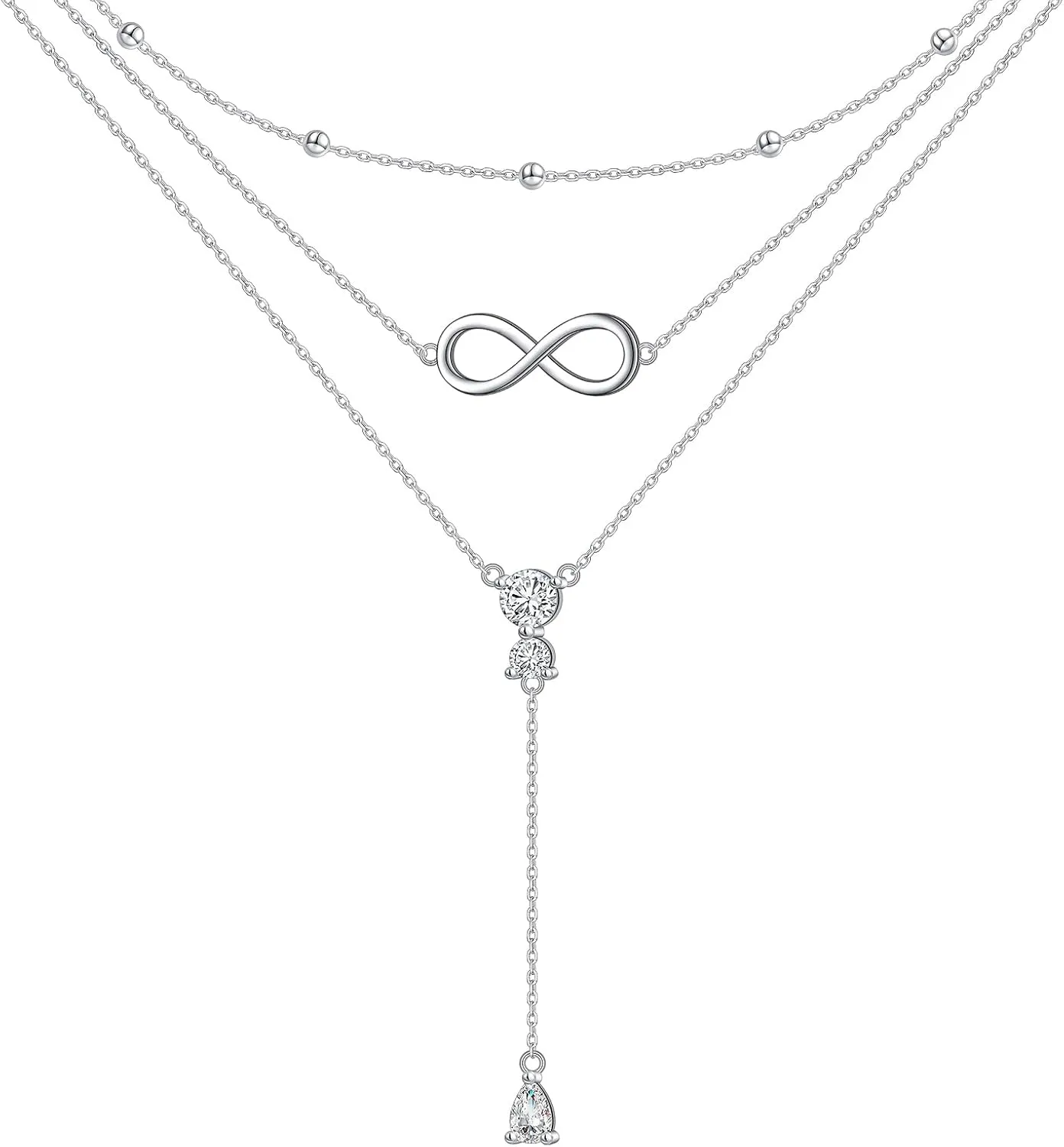 925 Sterling Silver Layered Necklace Triple Multilayer Long Chain Infinity Pendant Necklace Jewelry Gift for Women