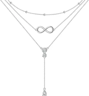 925 Sterling Silver Layered Necklace Triple Multilayer Long Chain Infinity Pendant Necklace Jewelry Gift for Women
