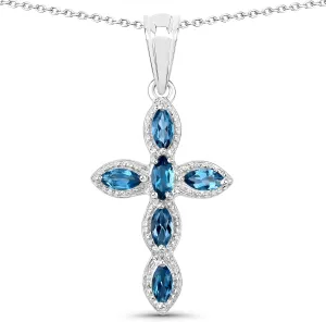 925 Sterling Silver London Blue Topaz Pendant Necklace For Women (1.02 Carat, Gemstone December Birthstone, Pear 5X2.50MM, with 18 Inch Silver Chain) - Cross Pendant