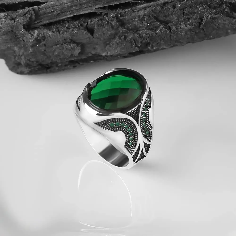 925 Sterling Silver Men Silver Ring with Emerald GemStone, Handmade Engraved Silver Ring, Gift for him, Minimalist Silver Ring (12)