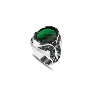 925 Sterling Silver Men Silver Ring with Emerald GemStone, Handmade Engraved Silver Ring, Gift for him, Minimalist Silver Ring (12)