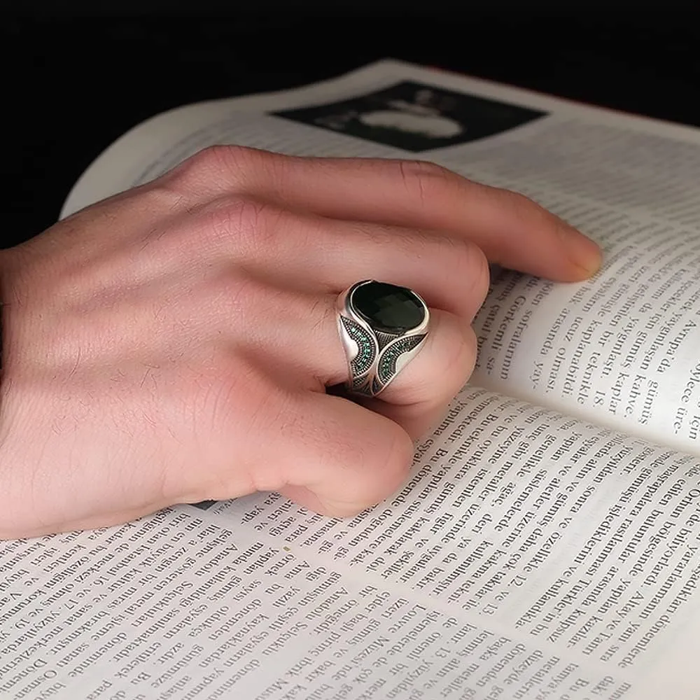 925 Sterling Silver Men Silver Ring with Emerald GemStone, Handmade Engraved Silver Ring, Gift for him, Minimalist Silver Ring (12)