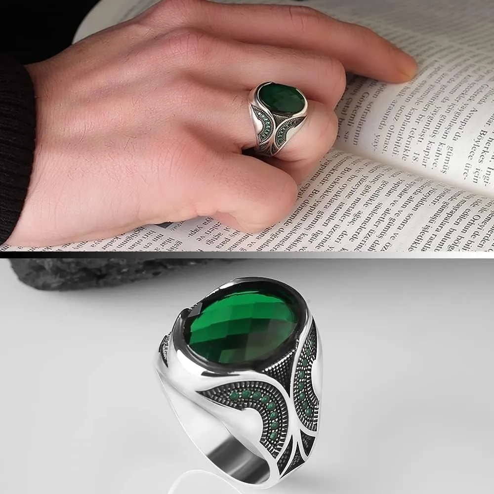 925 Sterling Silver Men Silver Ring with Emerald GemStone, Handmade Engraved Silver Ring, Gift for him, Minimalist Silver Ring (12)