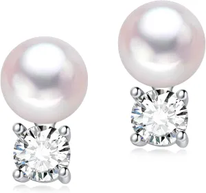 925 Sterling Silver Pearl Earrings for Women, 5MM Cubic Zirconia with 8-8.5MM Freshwater Cultured Pearls Wedding Bridal Jewelry, Gifts for Mom Wife Hypoallergenic