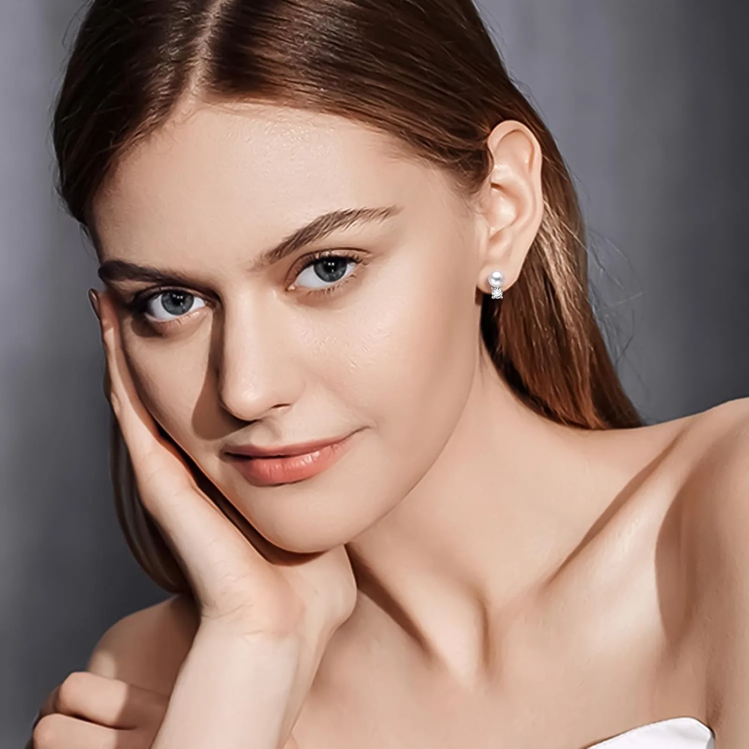 925 Sterling Silver Pearl Earrings for Women, 5MM Cubic Zirconia with 8-8.5MM Freshwater Cultured Pearls Wedding Bridal Jewelry, Gifts for Mom Wife Hypoallergenic
