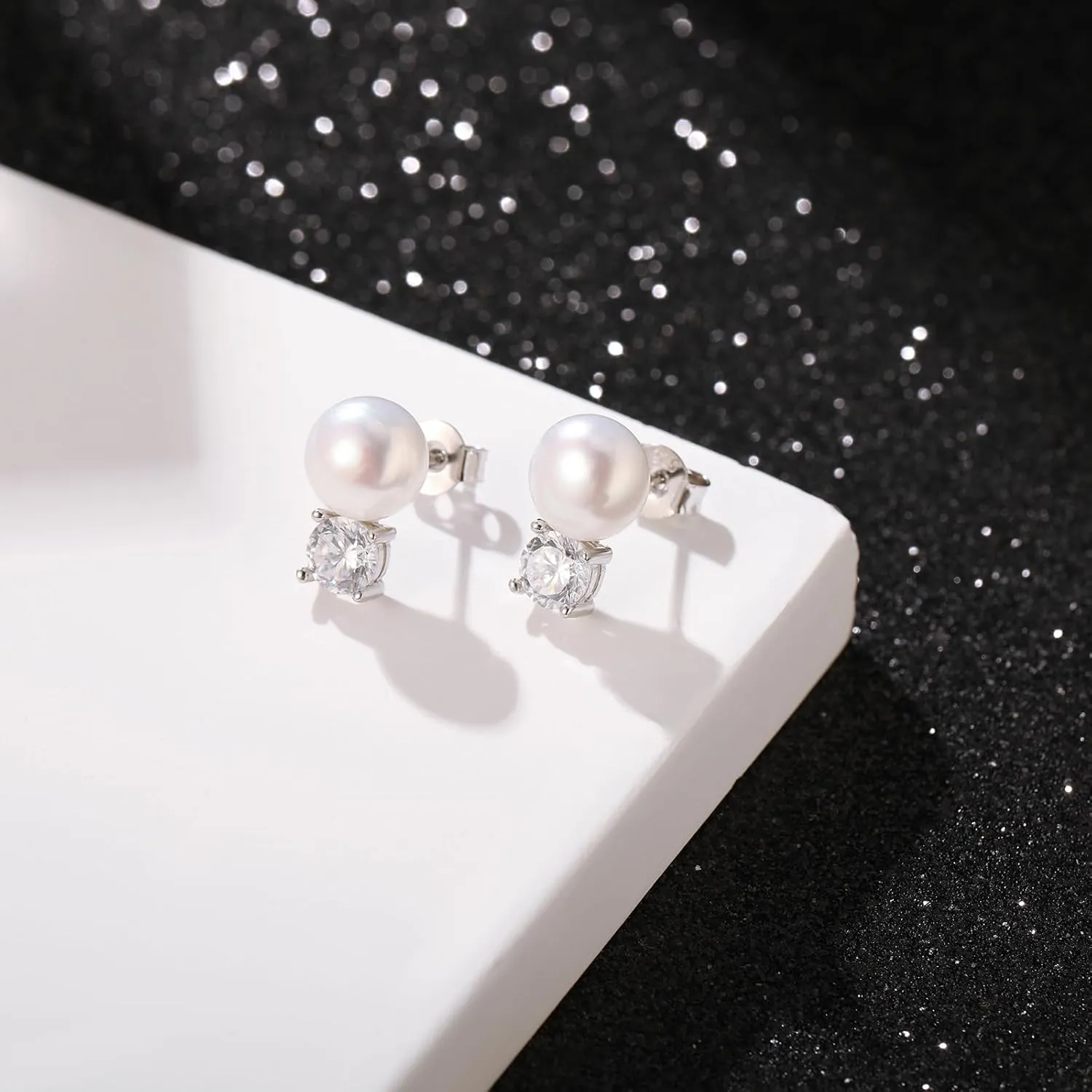 925 Sterling Silver Pearl Earrings for Women, 5MM Cubic Zirconia with 8-8.5MM Freshwater Cultured Pearls Wedding Bridal Jewelry, Gifts for Mom Wife Hypoallergenic