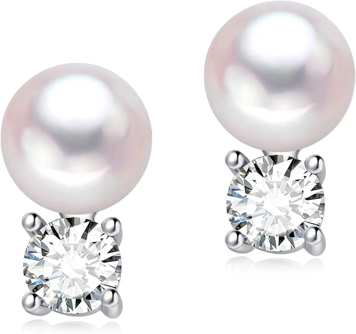925 Sterling Silver Pearl Earrings for Women, 5MM Cubic Zirconia with 8-8.5MM Freshwater Cultured Pearls Wedding Bridal Jewelry, Gifts for Mom Wife Hypoallergenic