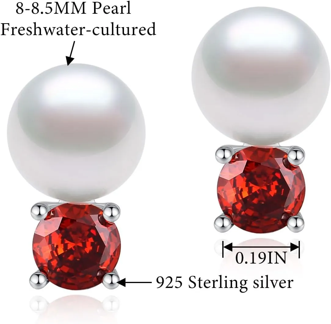 925 Sterling Silver Pearl Earrings for Women, 5MM Cubic Zirconia with 8-8.5MM Freshwater Cultured Pearls Wedding Bridal Jewelry, Gifts for Mom Wife Hypoallergenic