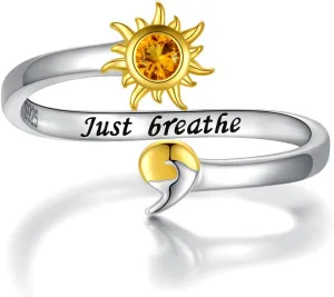 925 Sterling Silver Semicolon Ring - Gold Sun Wave Rings Engraved Keep Going Jewelry Inspirational Gifts for Women