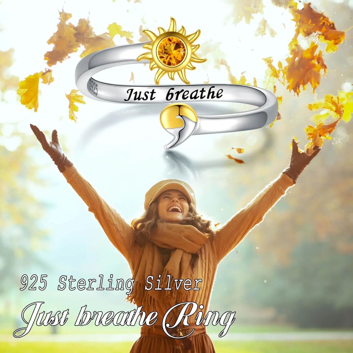 925 Sterling Silver Semicolon Ring - Gold Sun Wave Rings Engraved Keep Going Jewelry Inspirational Gifts for Women
