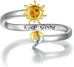 925 Sterling Silver Semicolon Ring - Gold Sun Wave Rings Engraved Keep Going Jewelry Inspirational Gifts for Women