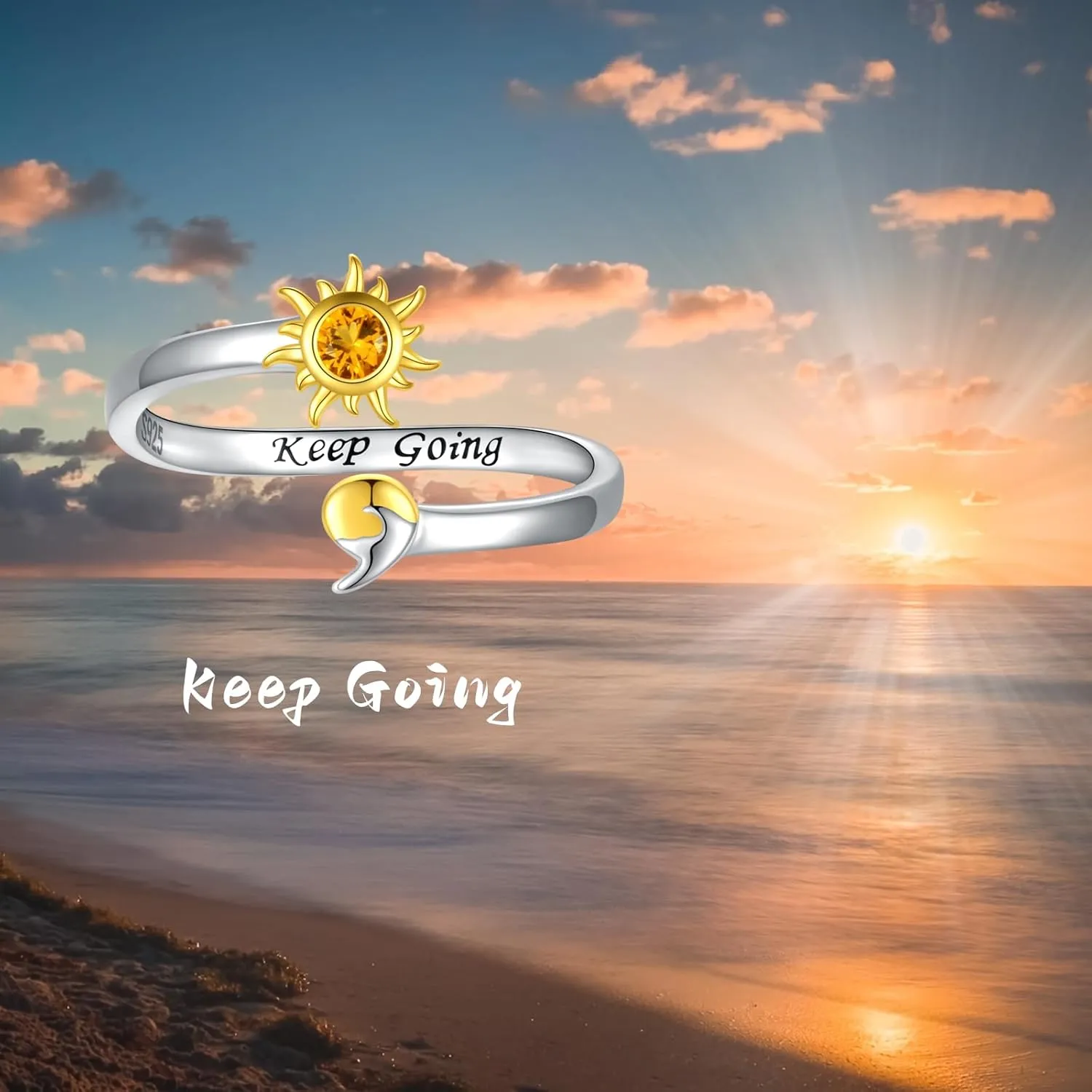 925 Sterling Silver Semicolon Ring - Gold Sun Wave Rings Engraved Keep Going Jewelry Inspirational Gifts for Women