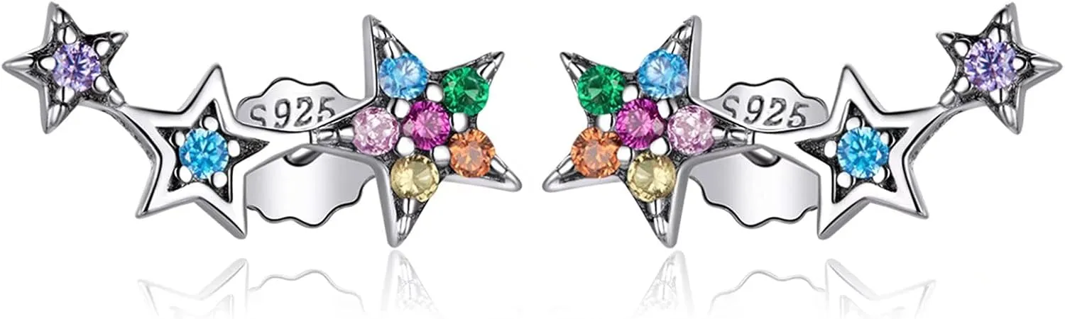 925 Sterling Silver Stars Earrings, colorful Cubic Zirconia Climber Earrings Hypoallergenic Stud Earrings for Women, Gift boxed