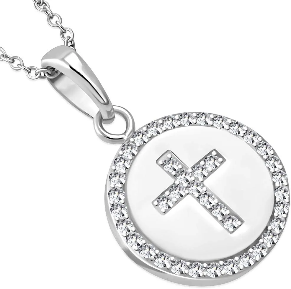 925 Sterling Silver Womens Religious Cross White CZ Classic Pendant Necklace