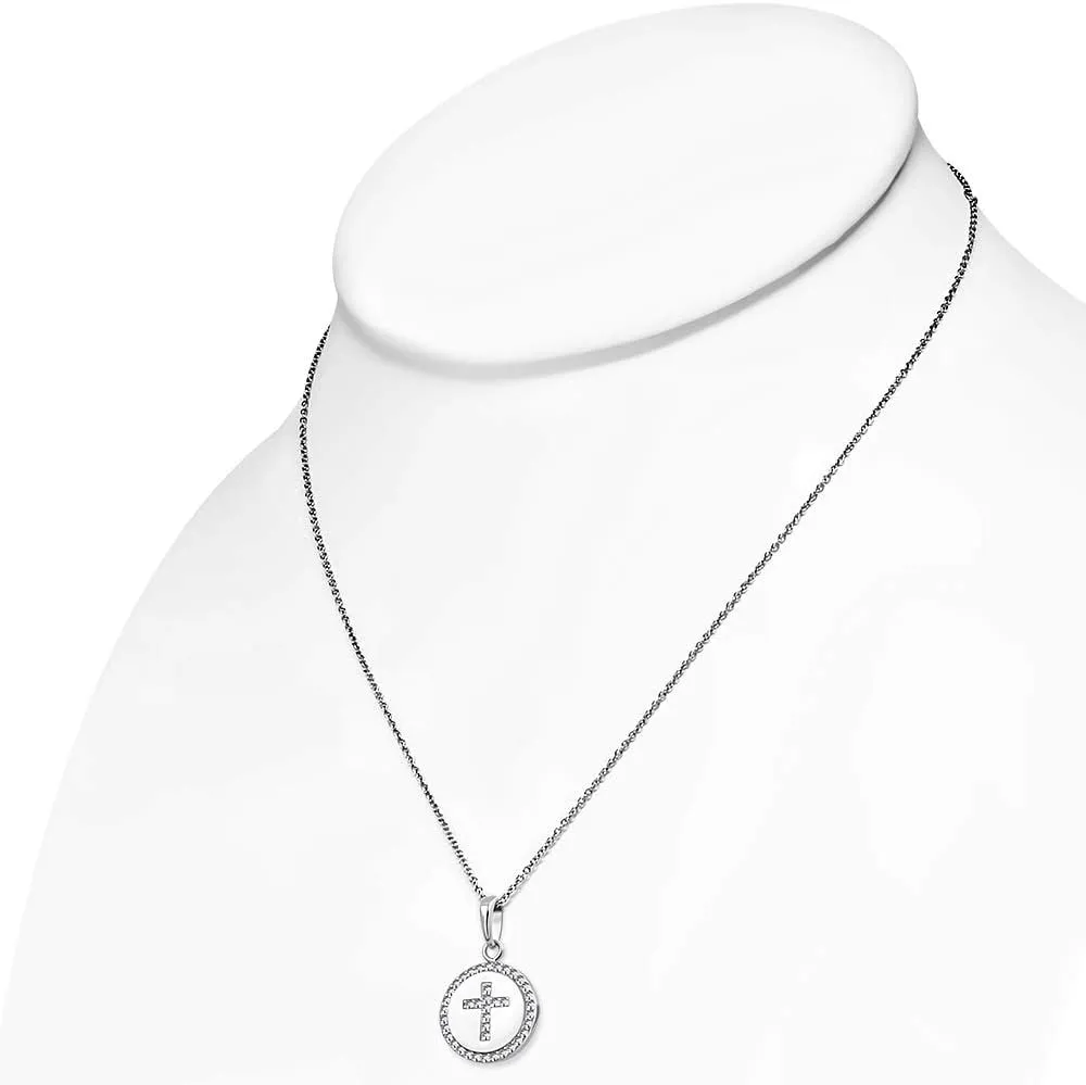 925 Sterling Silver Womens Religious Cross White CZ Classic Pendant Necklace