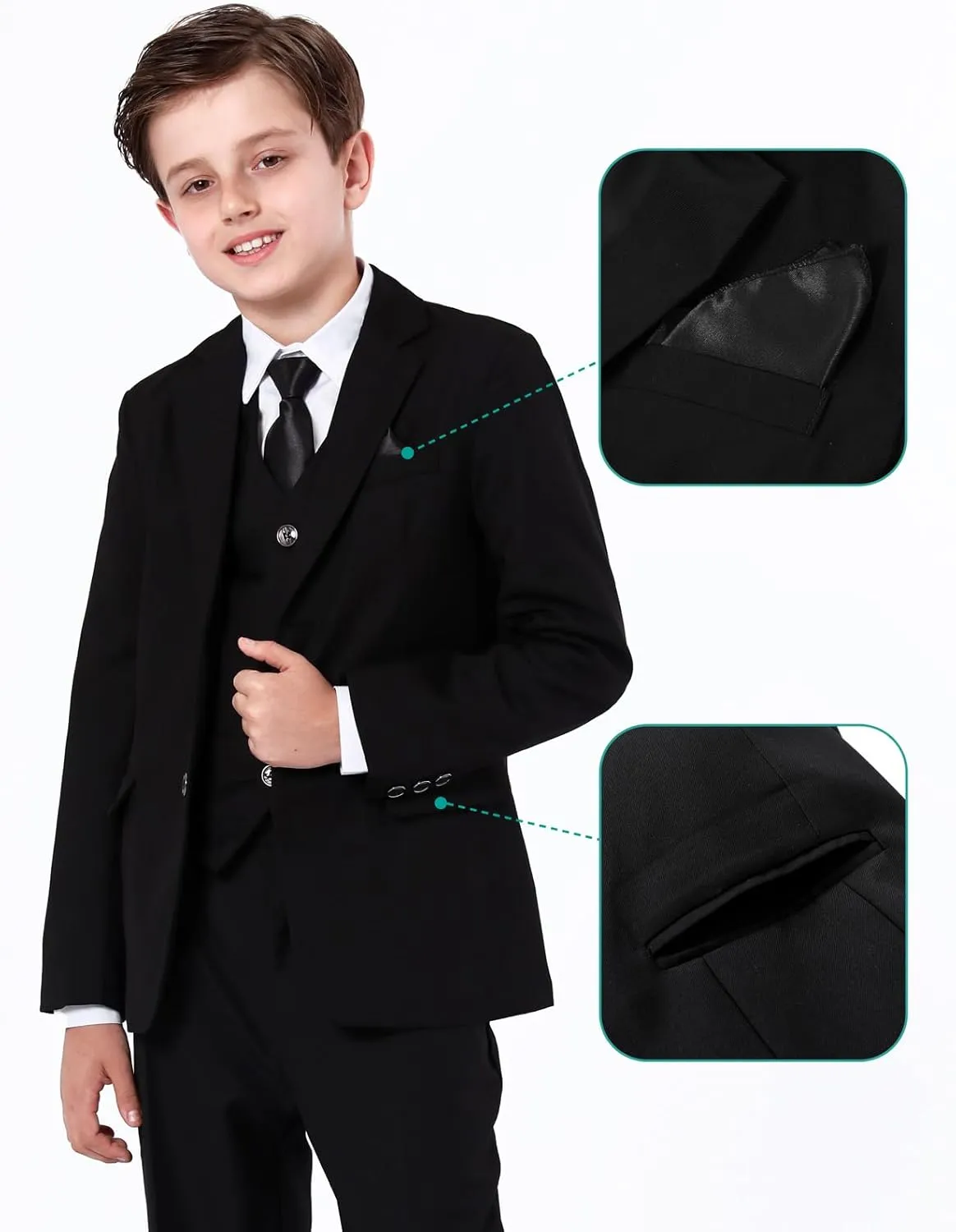 A&J DESIGN Boys 7-Piece Formal Suit Ring Bearer Outfit with Dress Shirt, Jacket, Vest, Pants, Tie, Bowtie and Pocket Square