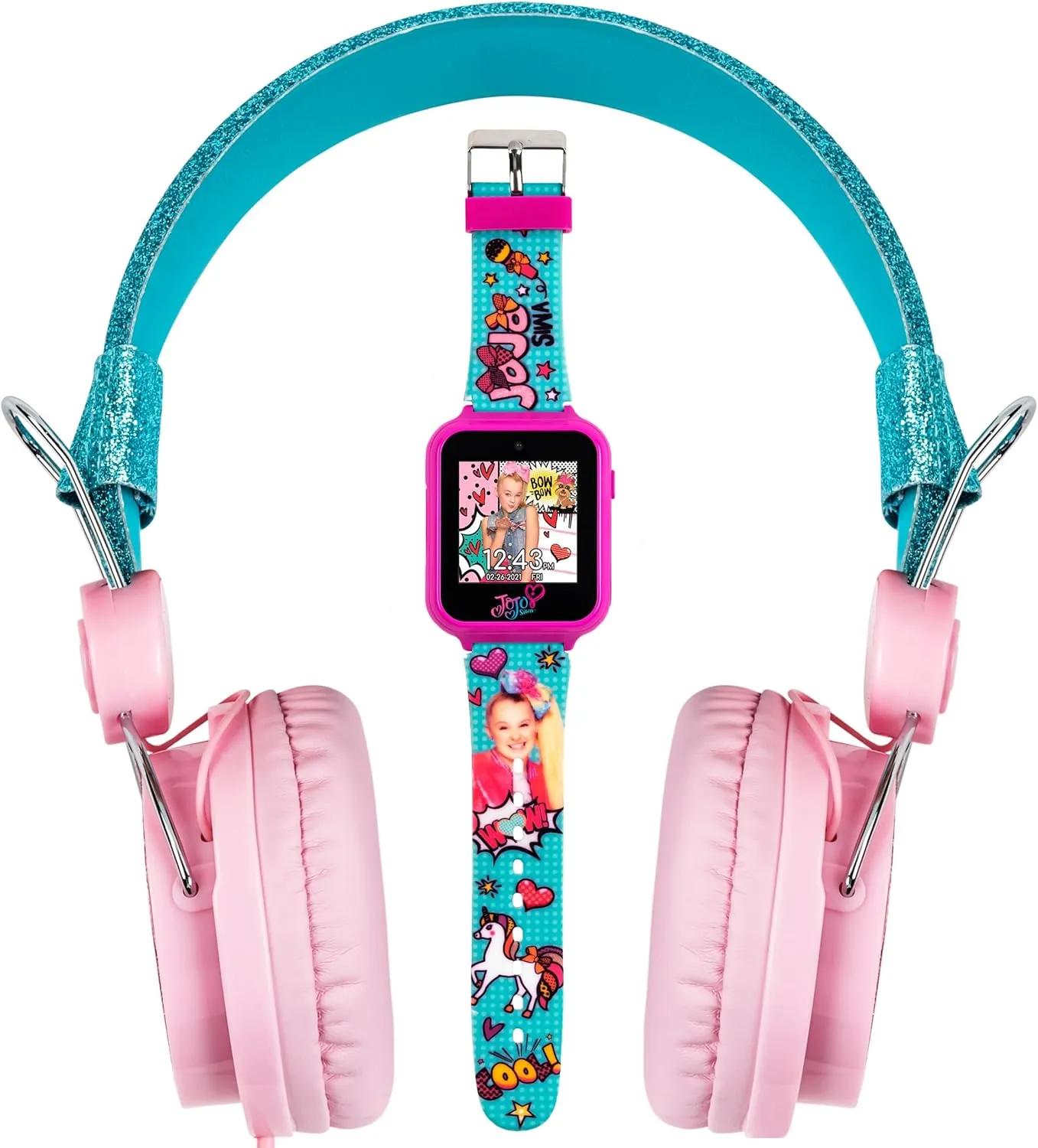 Accutime JoJo Siwa Headphone and Smart Watch Combo - Interactive Learning Watch with Games, Pink & Blue Adjustable Headphones, 10 Custom Faces, Gift Set for Girls