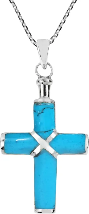 AeraVida Christian Cross Simulated Turquoise Inlay .925 Sterling Silver Pendant Necklace | Cross Pendant Necklace for Women | Jewelry Gifts for Women