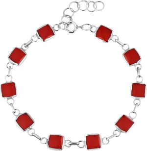AeraVida Modernist Square Reconstructed Red Coral Double Sided .925 Sterling Silver Link Bracelet | Handcrafted Ocean-Inspired Jewelry