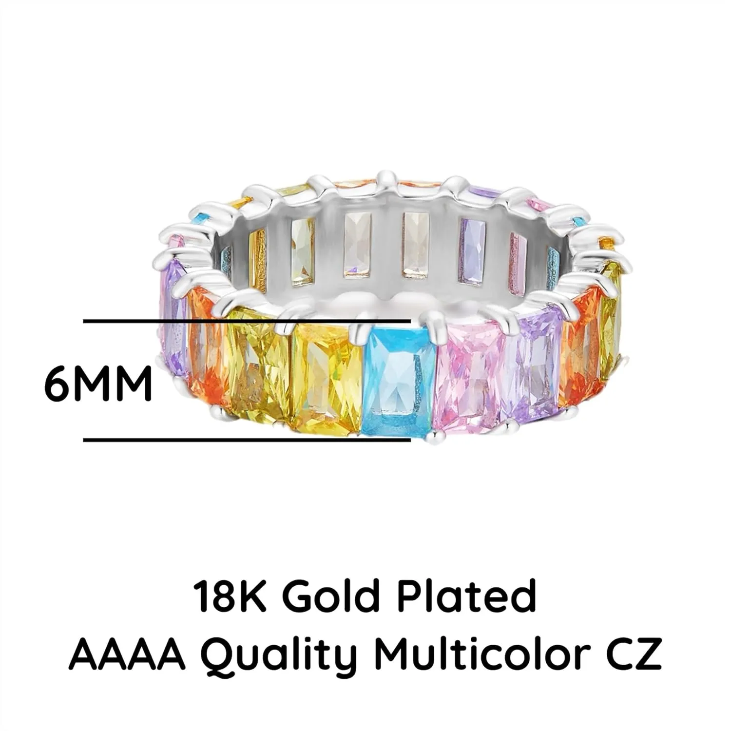 AFFY Eternity Rainbow Ring 18K Gold Plated Emerald-Cut Multi Color AAA Created-Gemstone Rainbow Ring, Stackable Ring, Wedding Band for Women, Gift For Her