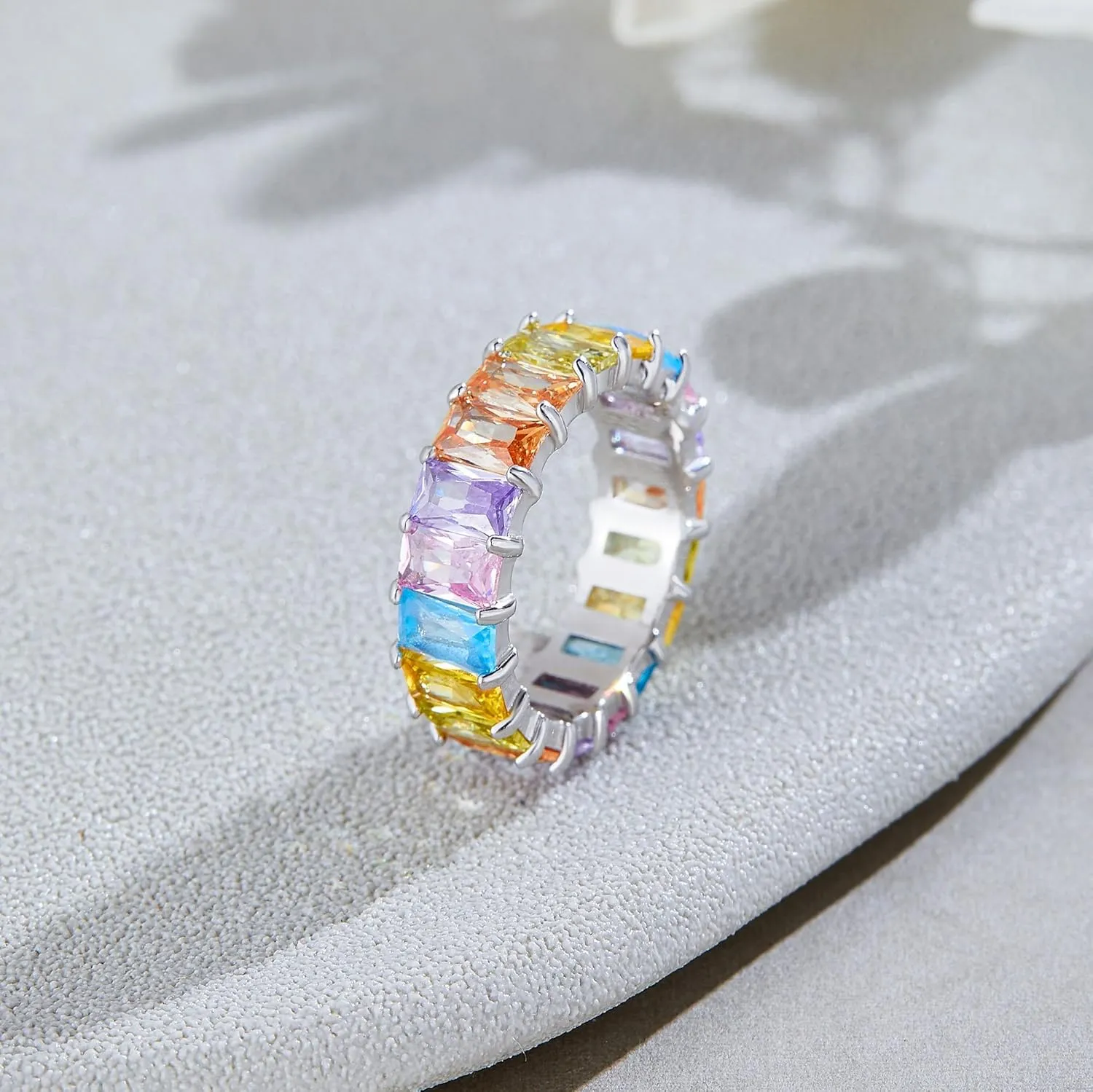 AFFY Eternity Rainbow Ring 18K Gold Plated Emerald-Cut Multi Color AAA Created-Gemstone Rainbow Ring, Stackable Ring, Wedding Band for Women, Gift For Her
