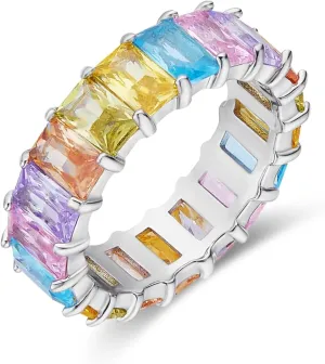 AFFY Eternity Rainbow Ring 18K Gold Plated Emerald-Cut Multi Color AAA Created-Gemstone Rainbow Ring, Stackable Ring, Wedding Band for Women, Gift For Her