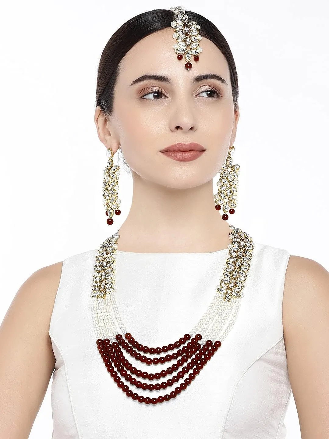 Aheli Classy Faux Kundan Beaded Pearl Long Necklace with Maang Tikka Set Indian Ethnic Wedding Bridal Jewelry Gift for Women