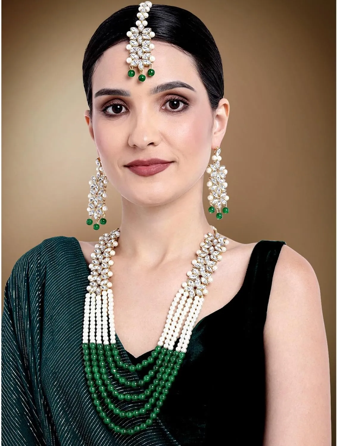 Aheli Classy Faux Kundan Beaded Pearl Long Necklace with Maang Tikka Set Indian Ethnic Wedding Bridal Jewelry Gift for Women